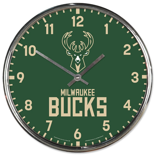Milwaukee Bucks Clock Round Wall Style Chrome Periodic Restock