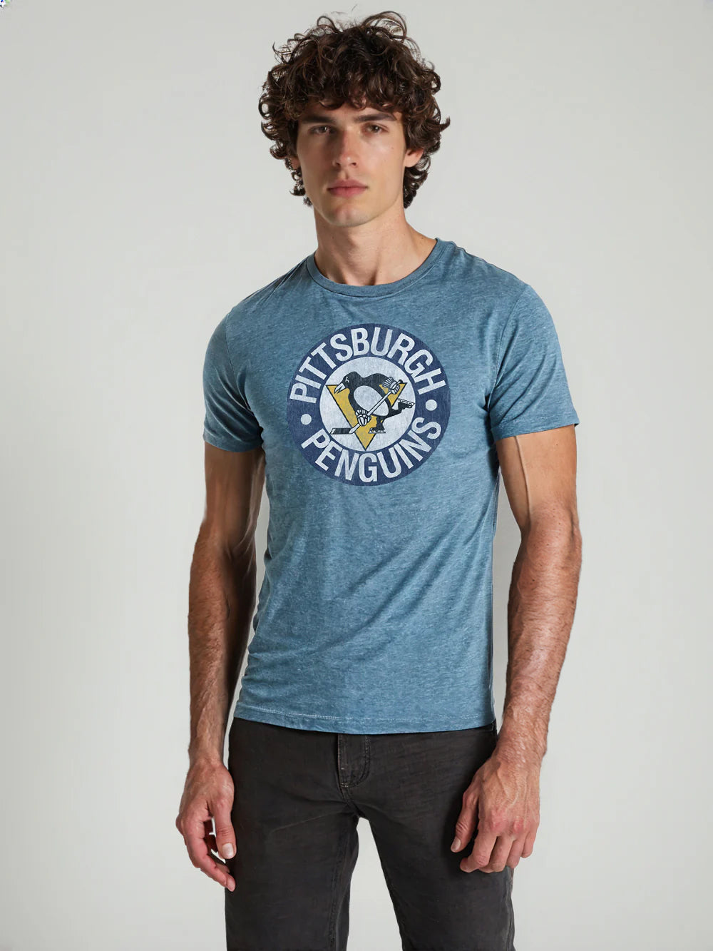 Pittsburgh Penguins NHL Distressed Logo Light Blue T-Shirt