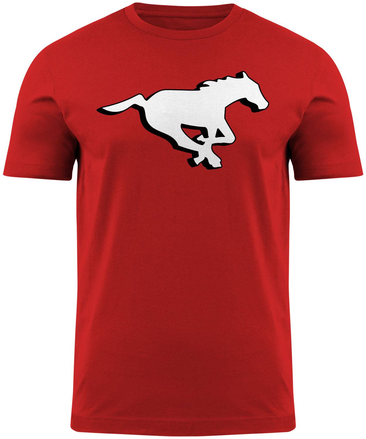 Red Calgary Stampeders CFL Bulletin Basic T-Shirt featuring team logo and branding